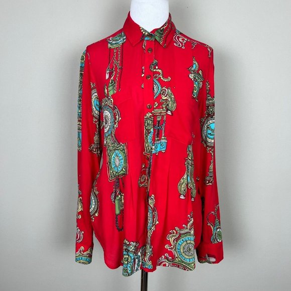 Maeve Anthropologie Shirt Women 4 Red Clock Long Sleeve Whimsy Button Down‎ Top - Picture 1 of 12